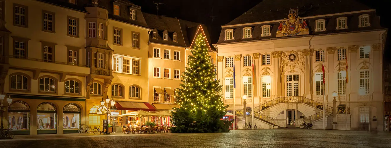Beleuchteter Weihnachtsbaum vor einem historischen Rathaus bei Nacht