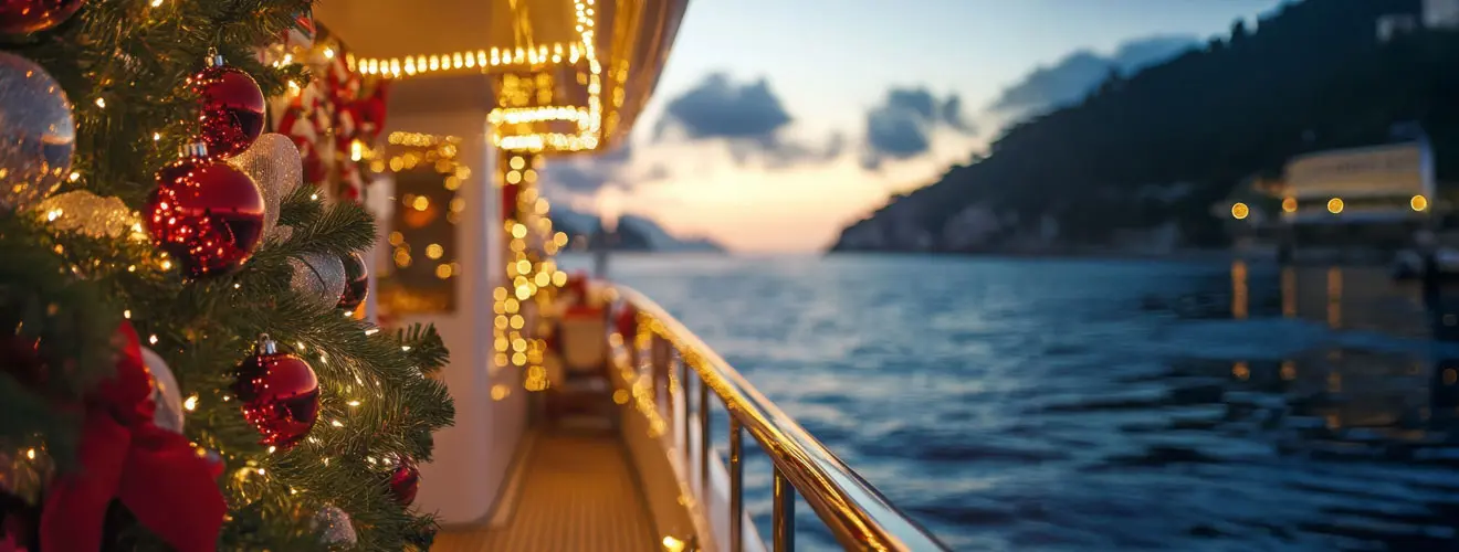 Weihnachtlich geschmücktes Schiffsdeck mit Blick auf Wasser und Ufer