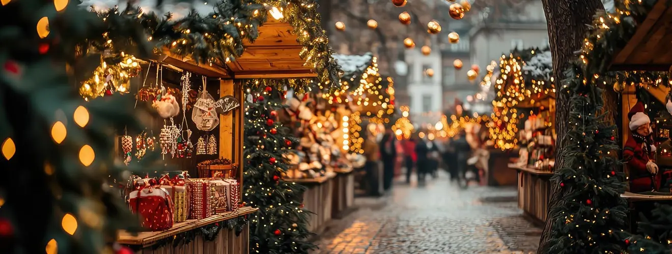 Festlich beleuchtete Weihnachtsmarktstände mit Weihnachtsschmuck und Besuchern